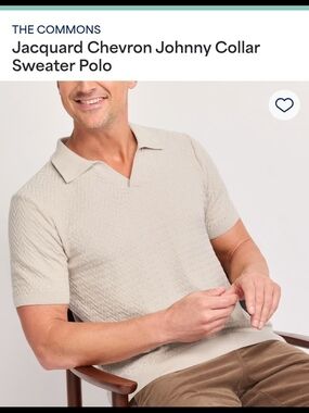 The Commons Beige Jacquard Chevron Johnny Collar Sweater Polo